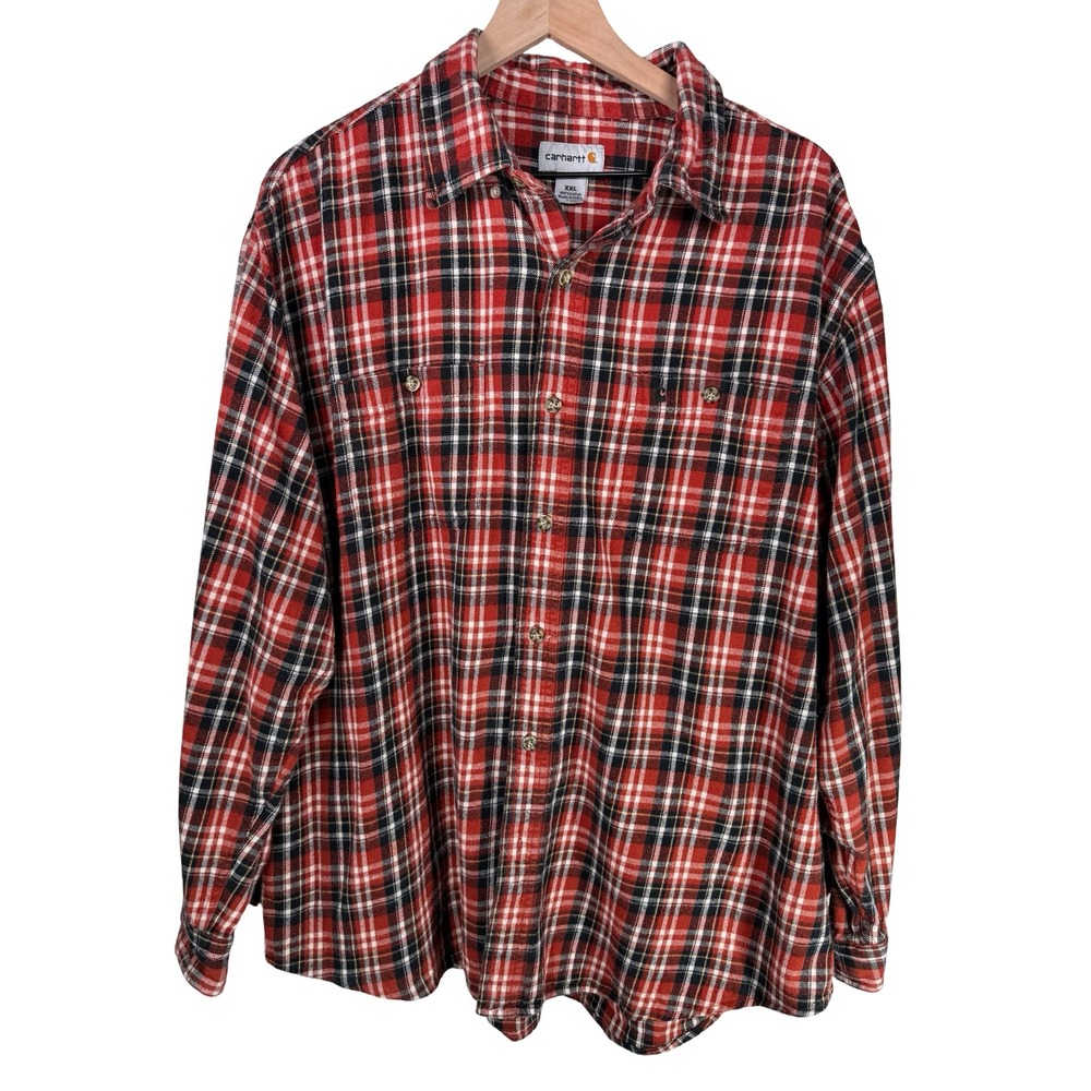 Carhartt Mens XXL Red Black Plaid Flannel Long Sleeve Button Down Work Shirt